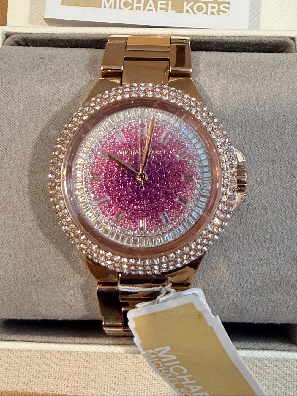 Michael Kors Rose Gold Watch with Pink Ombre Dial and Crystal Bezel Camille NEW